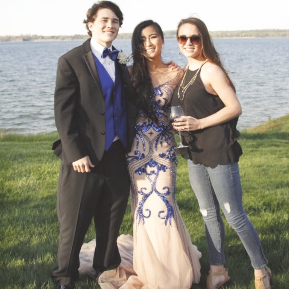 BEAUTIFUL ROYAL BLUE AND TAN MERMAID DRESS